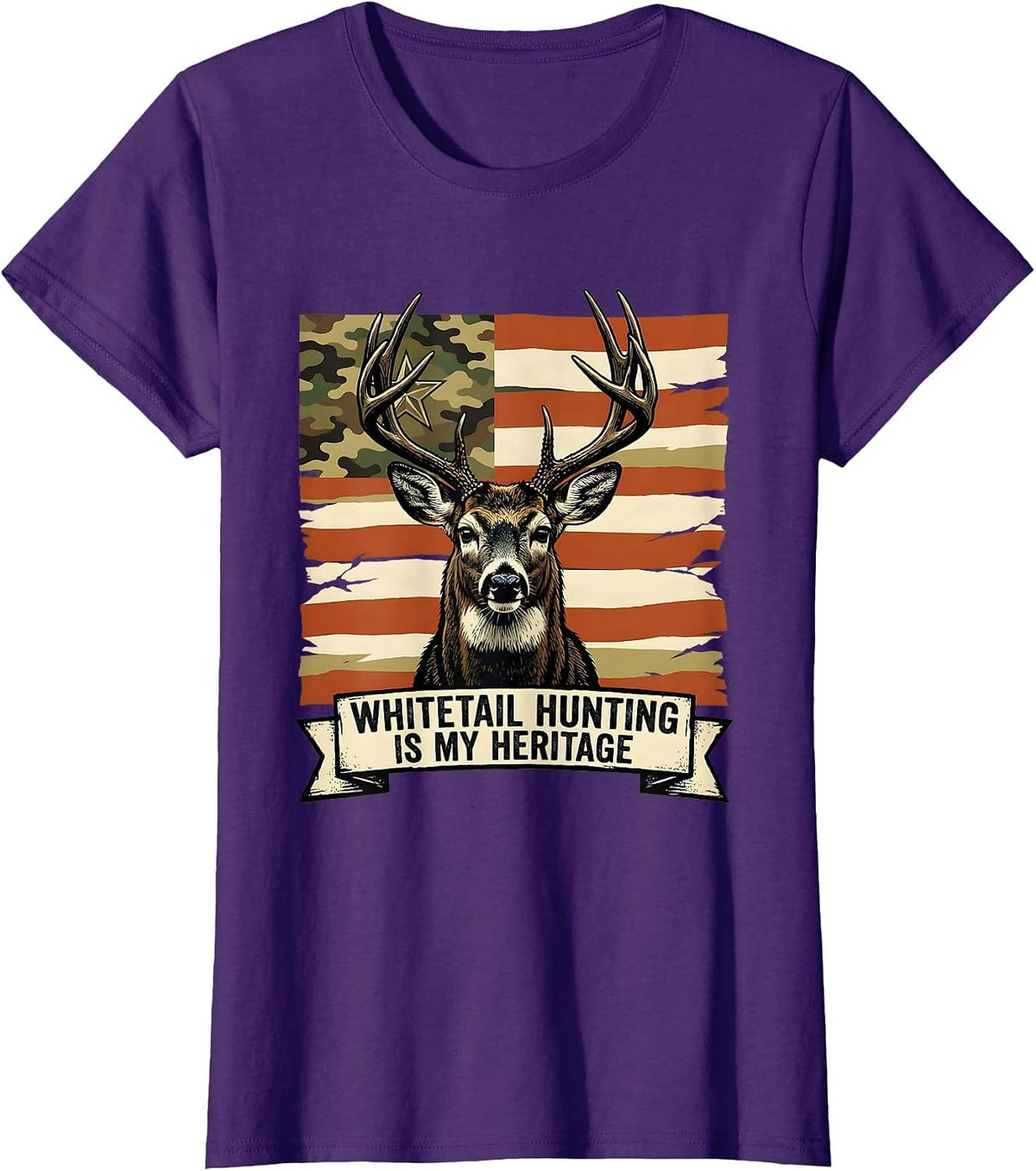 Women's Whitetail Hunting Is My Heritage Patriotic Camo Deer Hunter T-Shirt - Purple