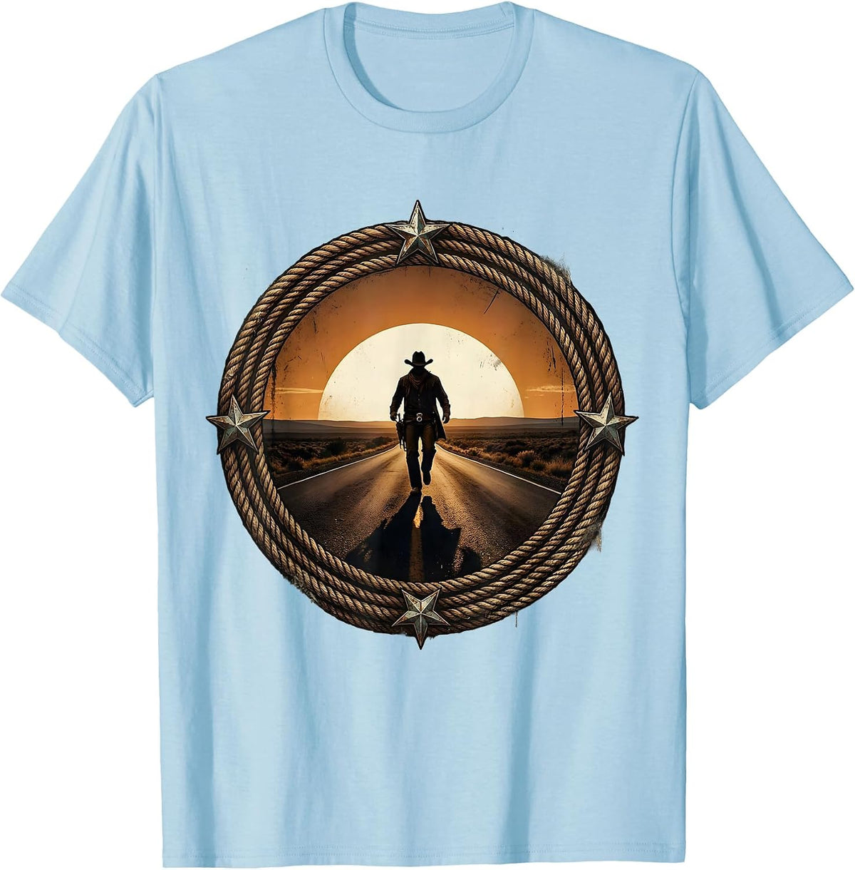 Men's Lone Cowboy Striding at Dusk Western Design T-Shirt - Baby Blue
