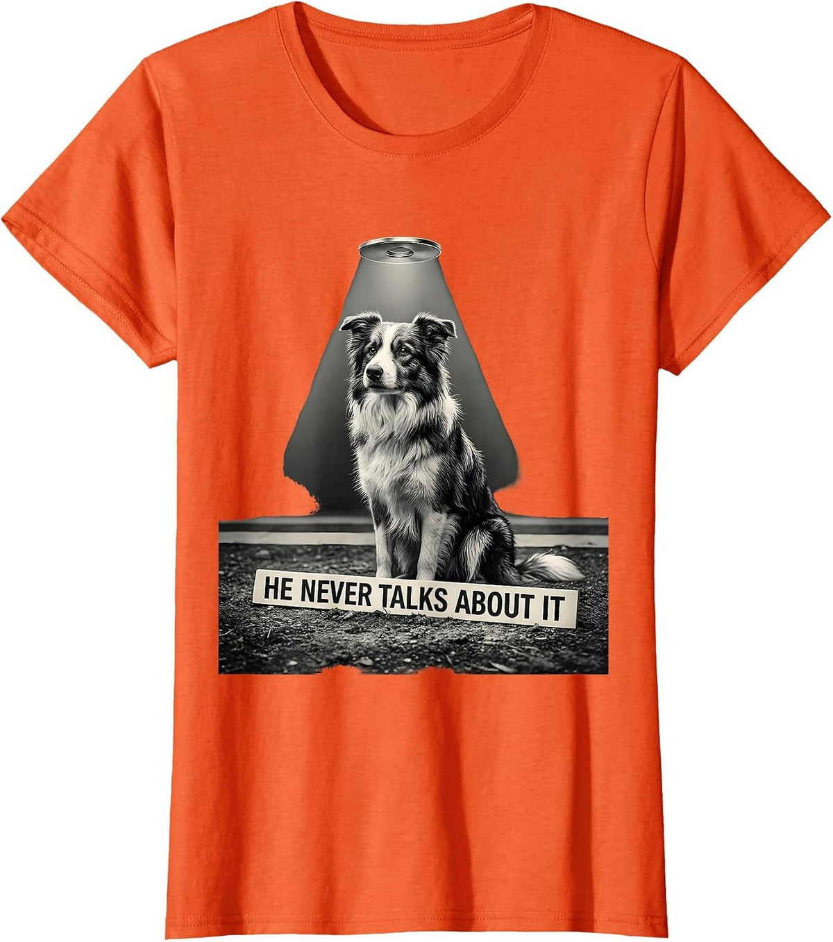 He Never Talks About It Funny Border Collie Alien UFO T-Shirt - Orange