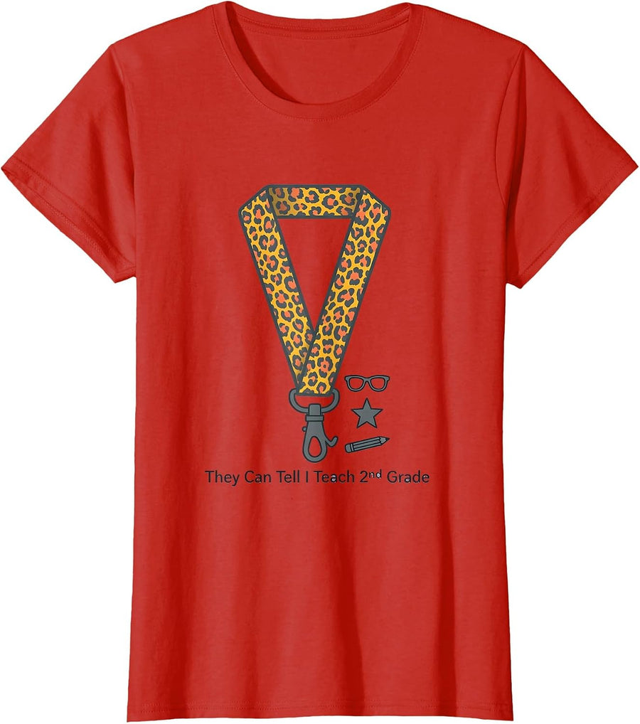 Women's They Can Tell I Teach 2nd Grade Leopard Teacher Back T-Shirt - Red