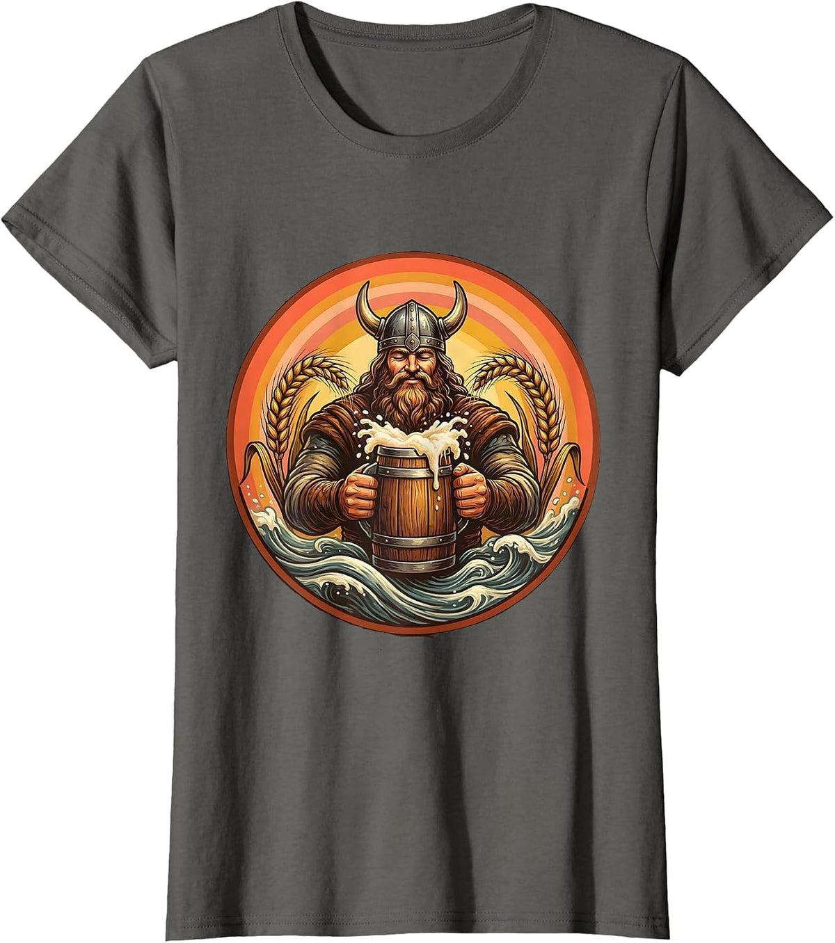 Women's Viking Beer Drinker Oversized Mug Illustration T-Shirt - Asphalt Grey