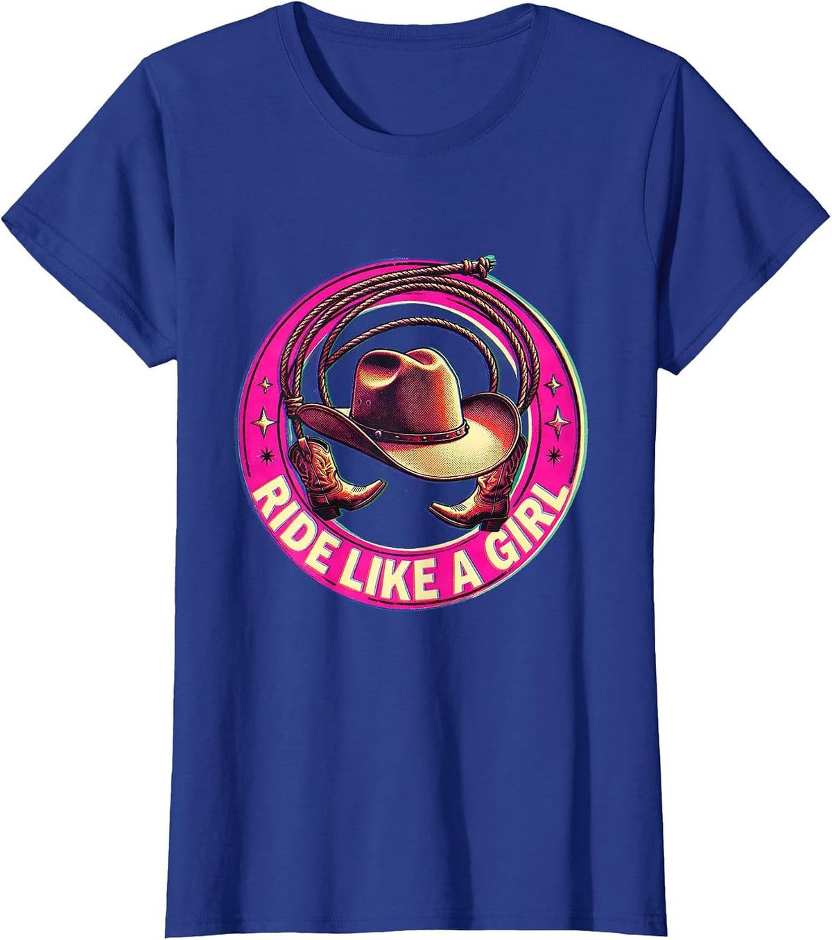 Women's Ride Like a Girl Pink Cowgirl Design T-Shirt - Royal Blue