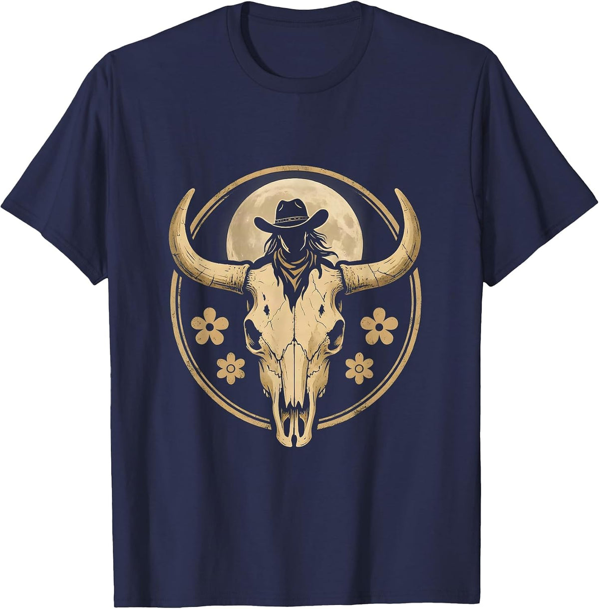 Cowgirl Silhouette Full Moon Western Graphic T-Shirt - Navy Blue