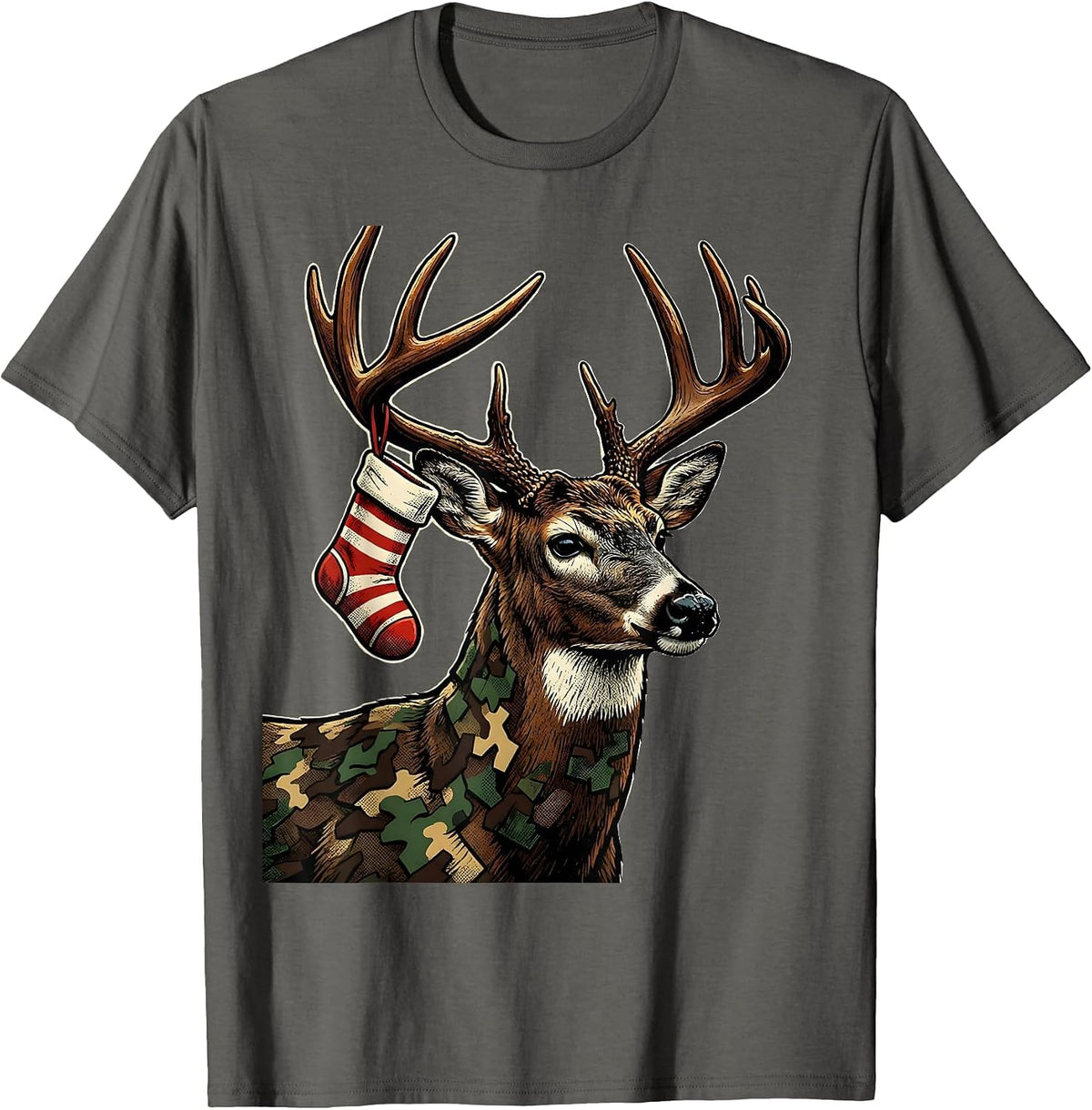 Men's Buck Shoulder Camo Christmas Hunting Party Gift T-Shirt - Asphalt Grey