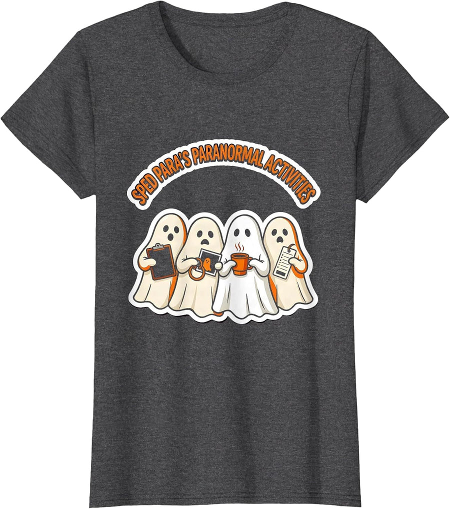 Women's SPED Para's Paranormal Activities Cute Ghost Teacher T-Shirt - Dark Heather Grey
