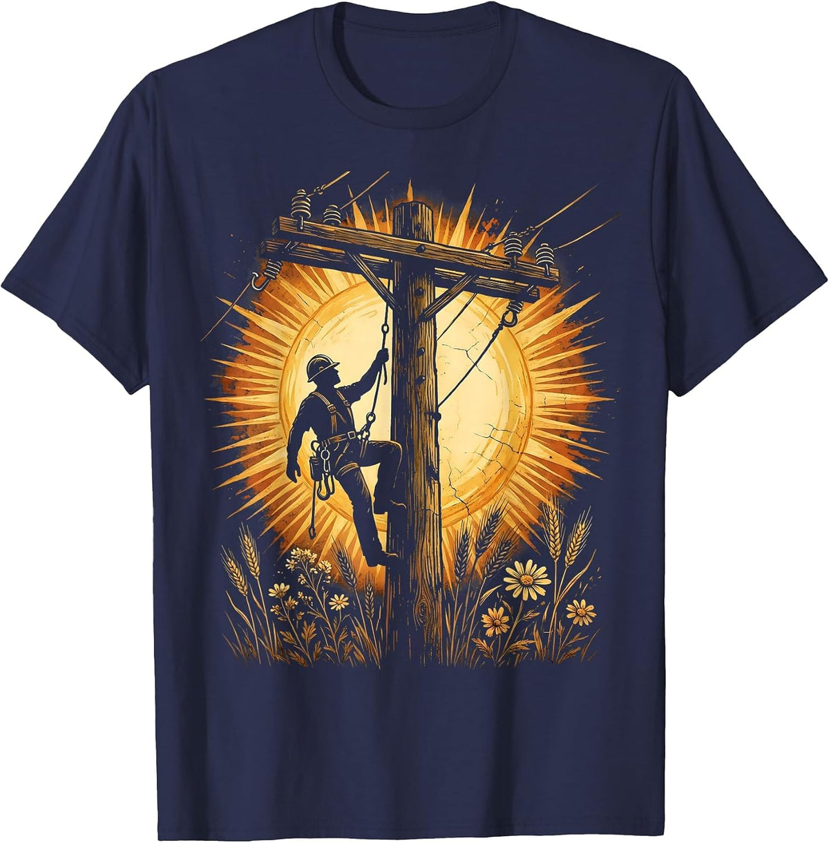 Lineman Climbing Electrical Pole Labor Day T-Shirt - Navy Blue