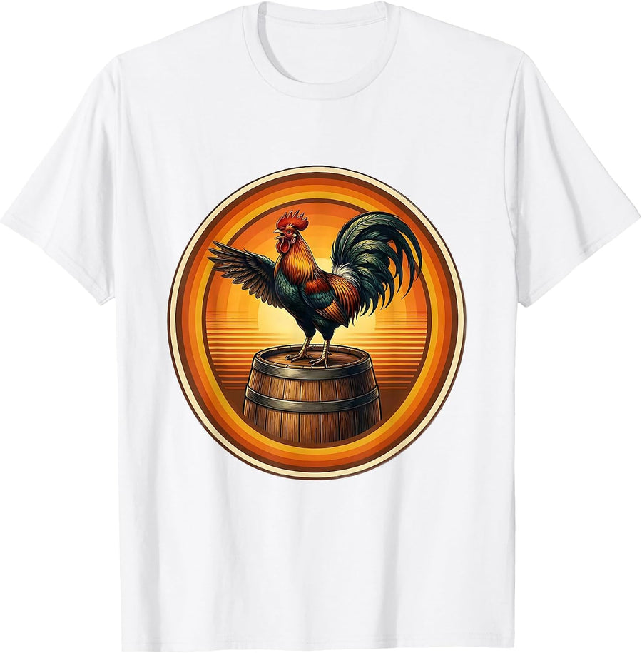 Rooster on a Beer Barrel Graphic Design T-Shirt - White