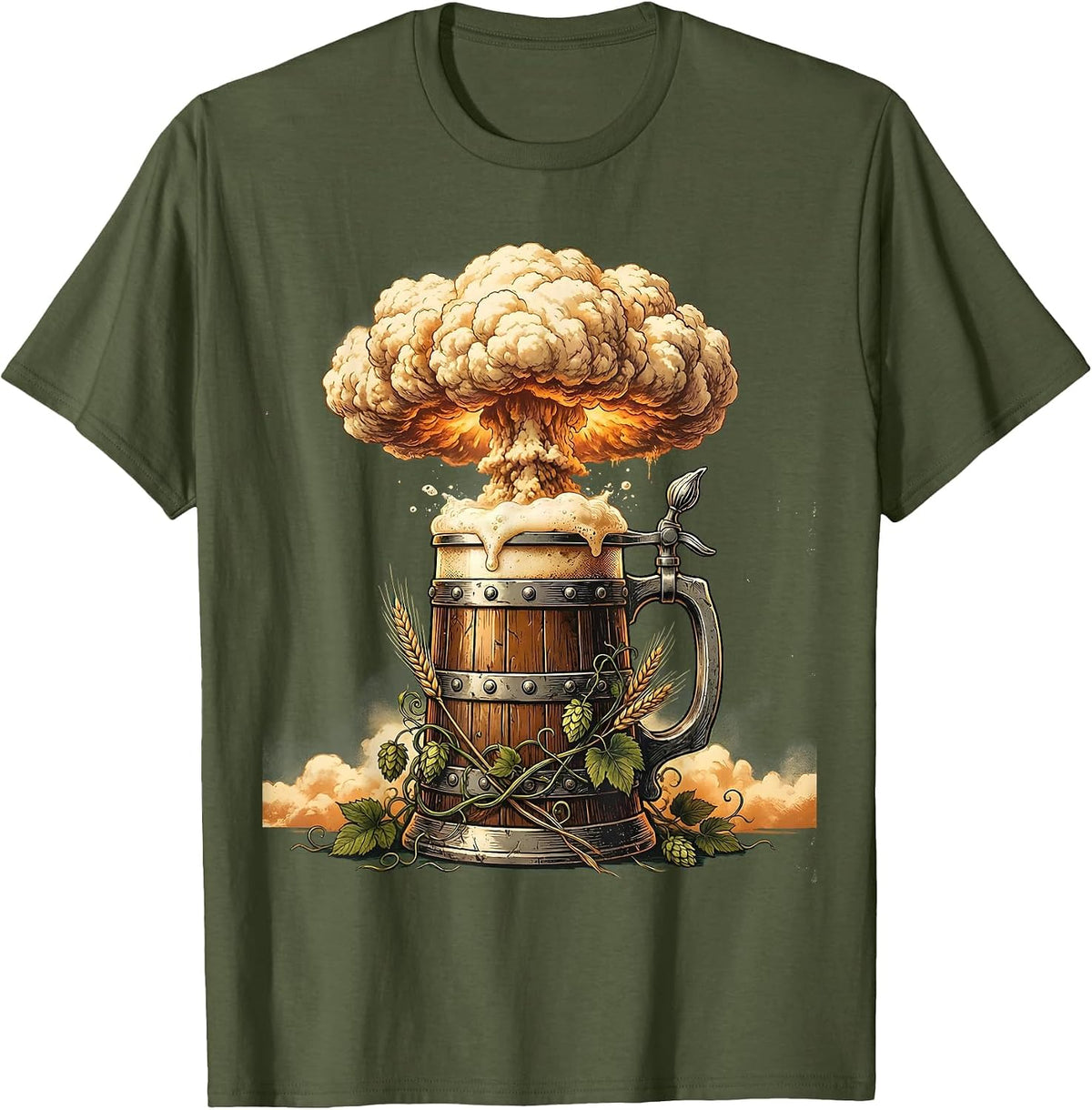 Men's Oktoberfest Beer Foam Mushroom Cloud Graphic T-Shirt - Olive Green