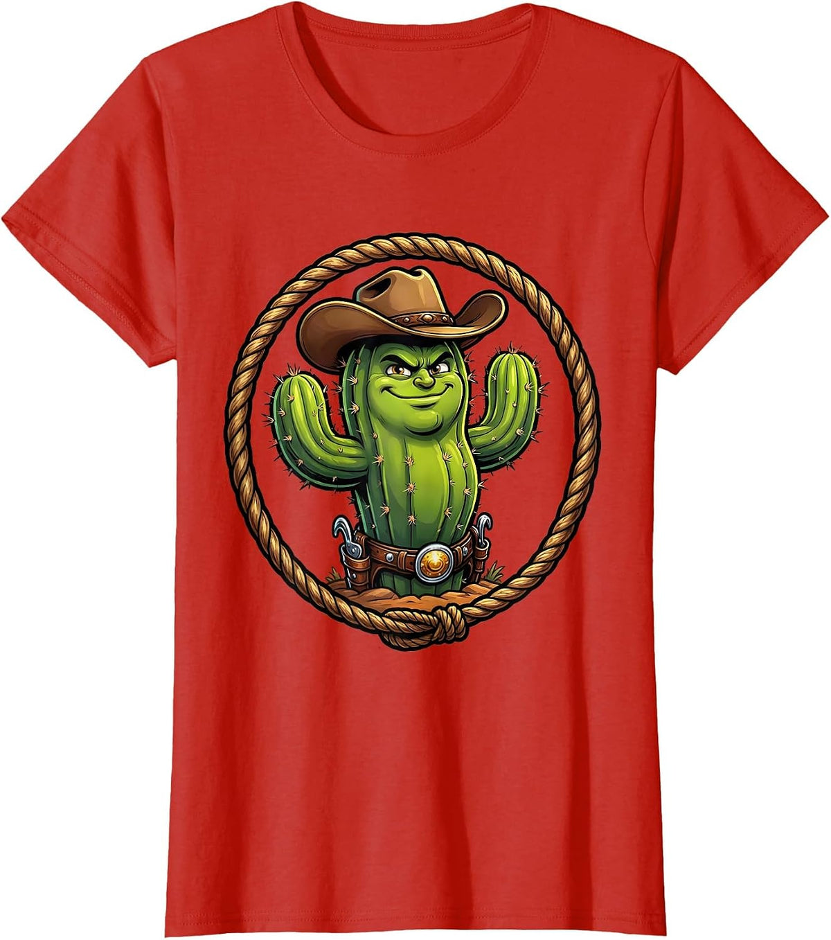Cactus Cowboy Hat and Spurs Western Illustration T-Shirt - Red