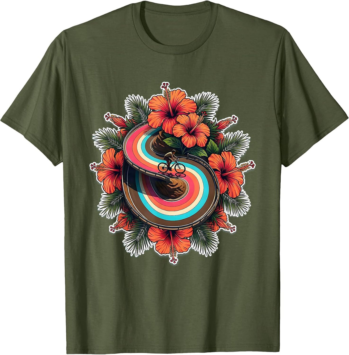 Men's Cyclist Climbing Mountain Road Overhead View T-Shirt - Olive Green