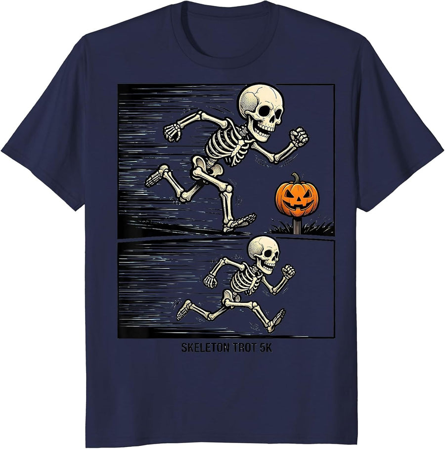 Skeleton Trot 5K Comic Book Halloween Fun Run Matching T-Shirt - Navy Blue