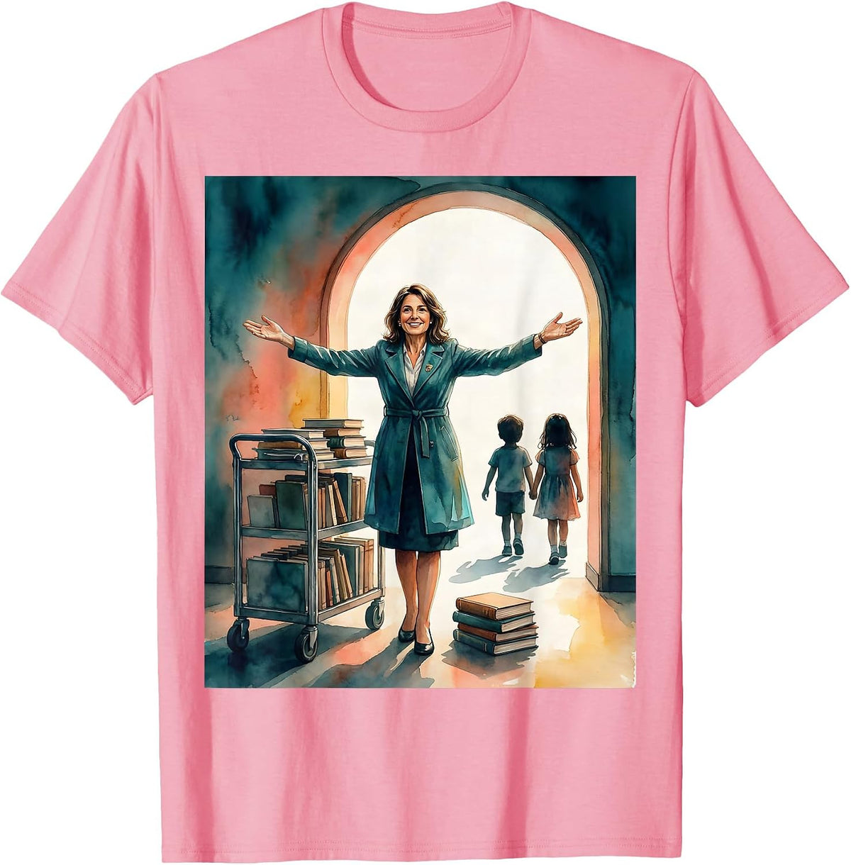Men's School Librarian Watercolor Teacher Appreciation T-Shirt - Pink