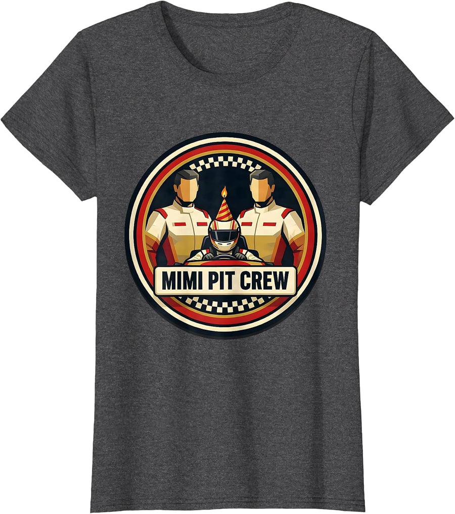 Women's Mimi Pit Crew Geometric Race Car Birthday Party Family T-Shirt - Dark Heather Grey