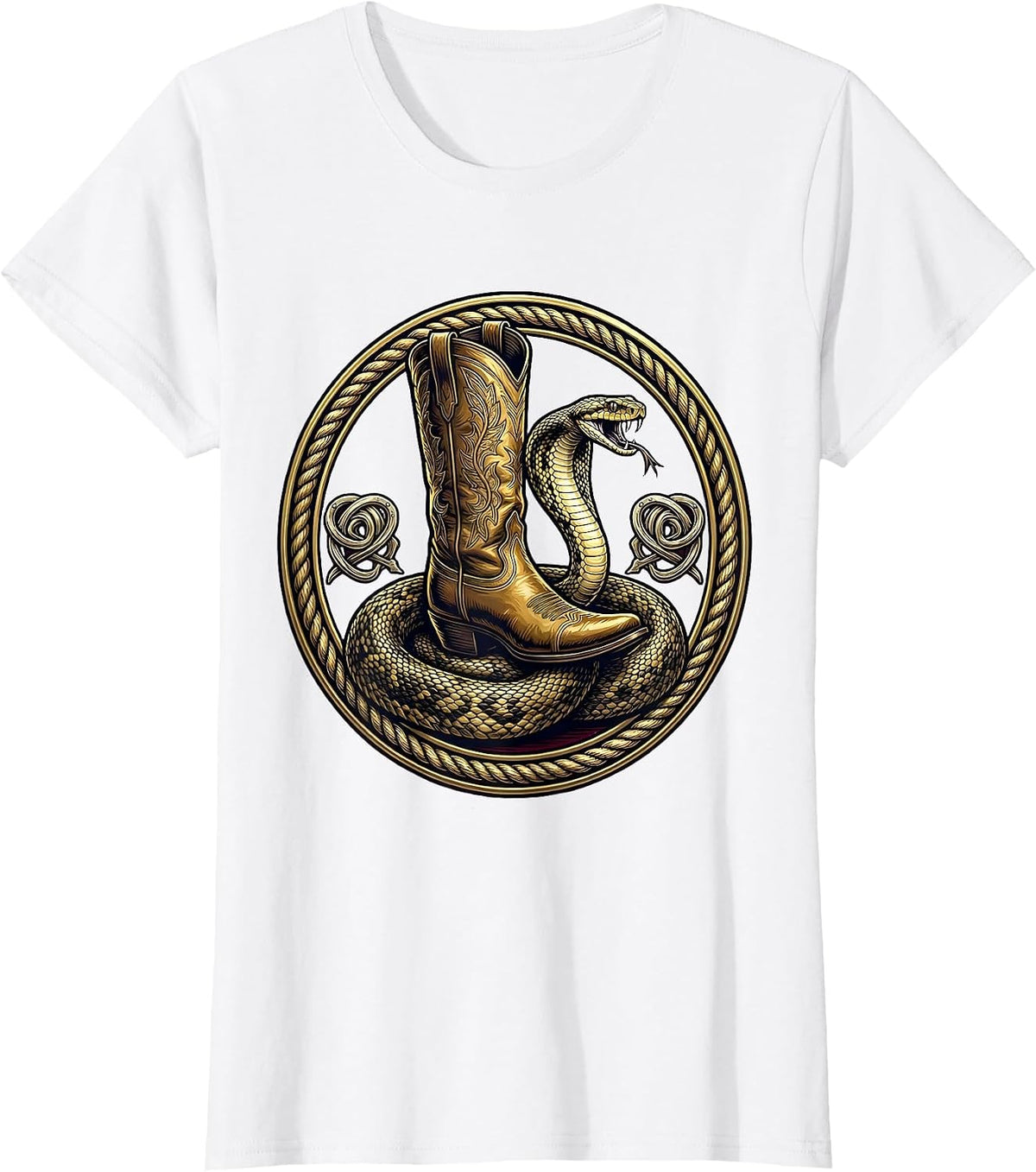 Women's Cowgirl Boot Crushing Snake Graphic Tee T-Shirt - White