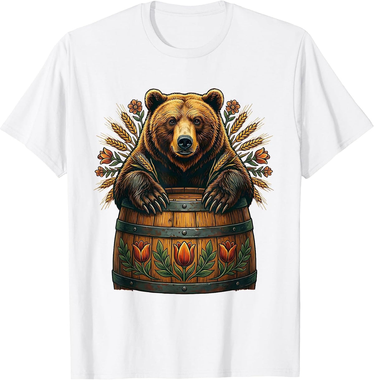 Men's Grizzly Bear Emerging From a Barrel Design T-Shirt - White