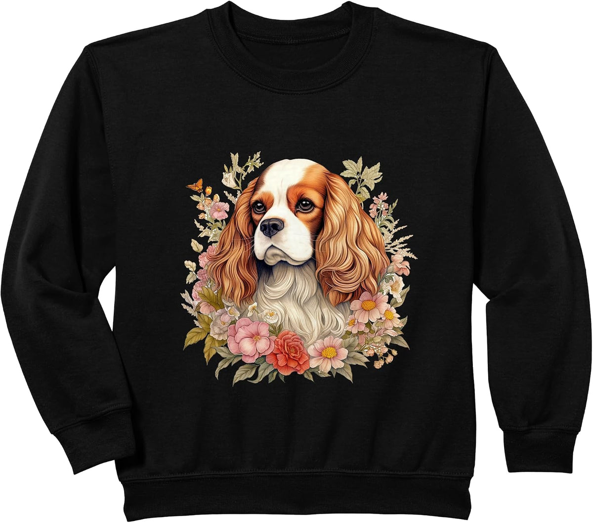 Cavalier King Charles Spaniel Dog with Flowers Floral Sweatshirt - Black