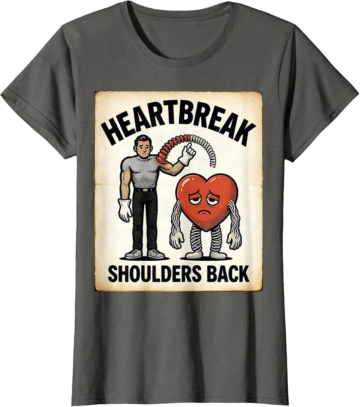 Women's Heartbreak Shoulders Back Retro Cartoon Physical Therapist T-Shirt - Asphalt Grey