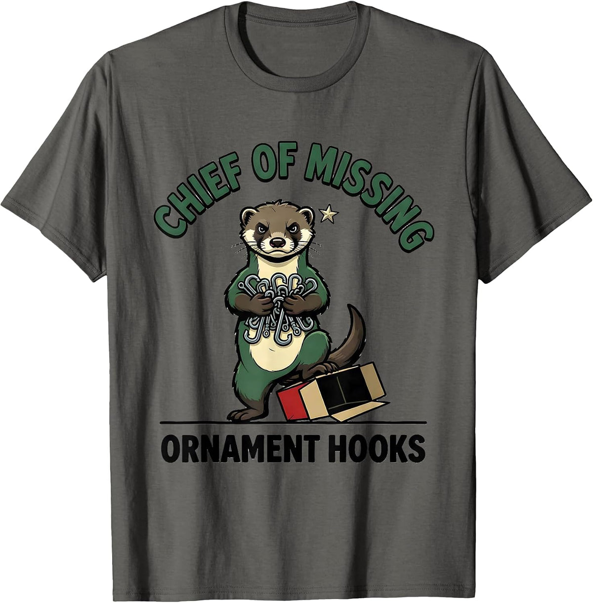 Men's Chief Of Missing Ornament Hooks Funny Ferret Lover Christmas T-Shirt - Asphalt Grey