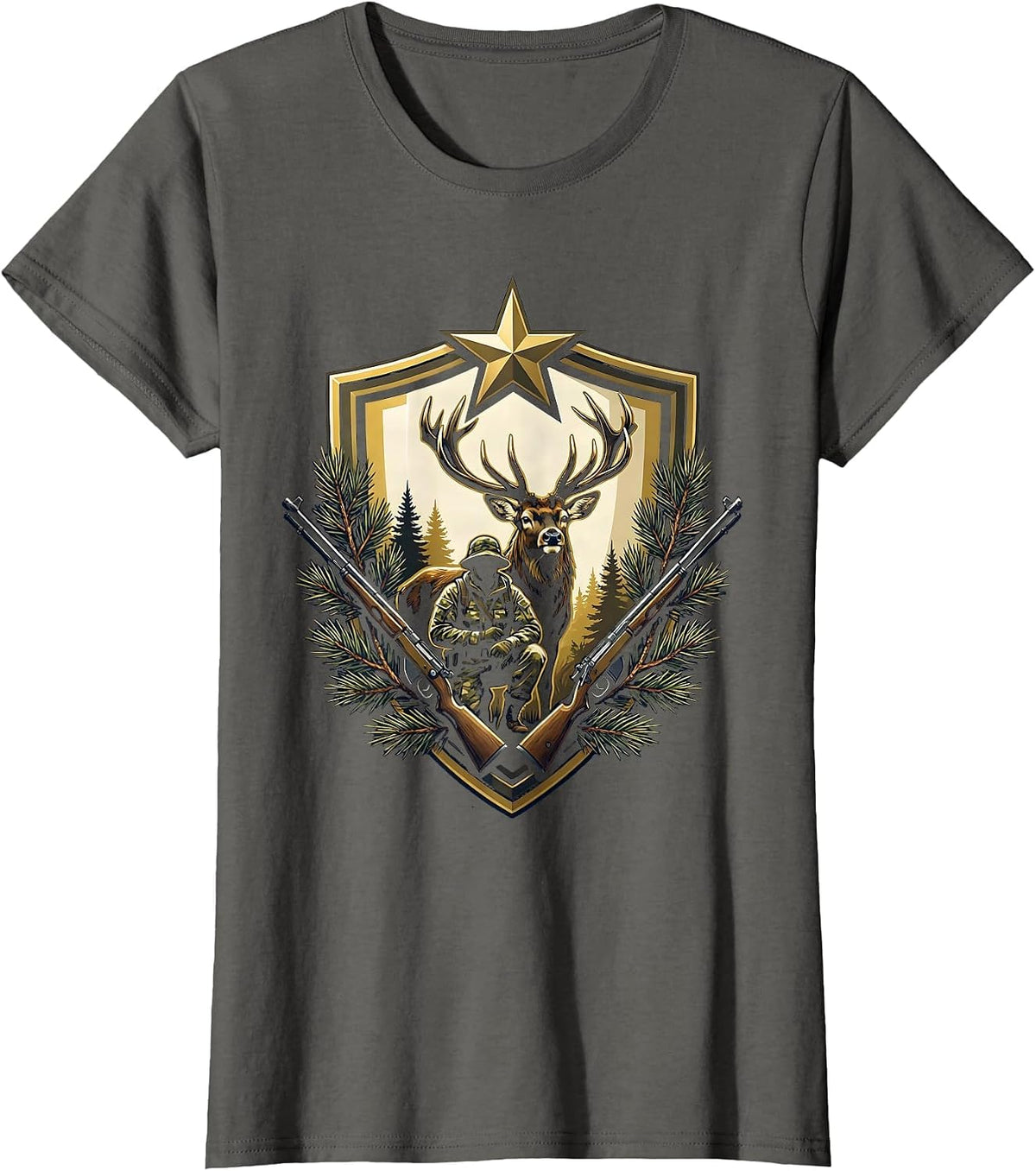 Women's Hunter Crouching With Trophy Buck Deer Graphic T-Shirt - Asphalt Grey