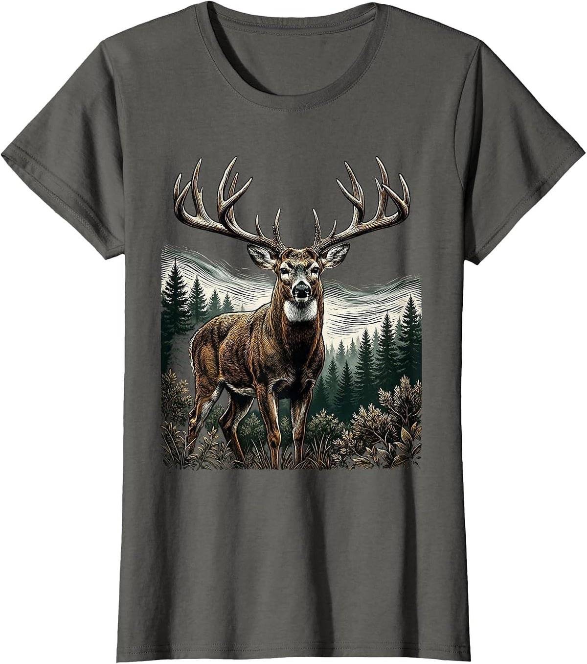 Women's Whitetail Buck Misty Woods Camo Deer Illustration T-Shirt - Asphalt Grey