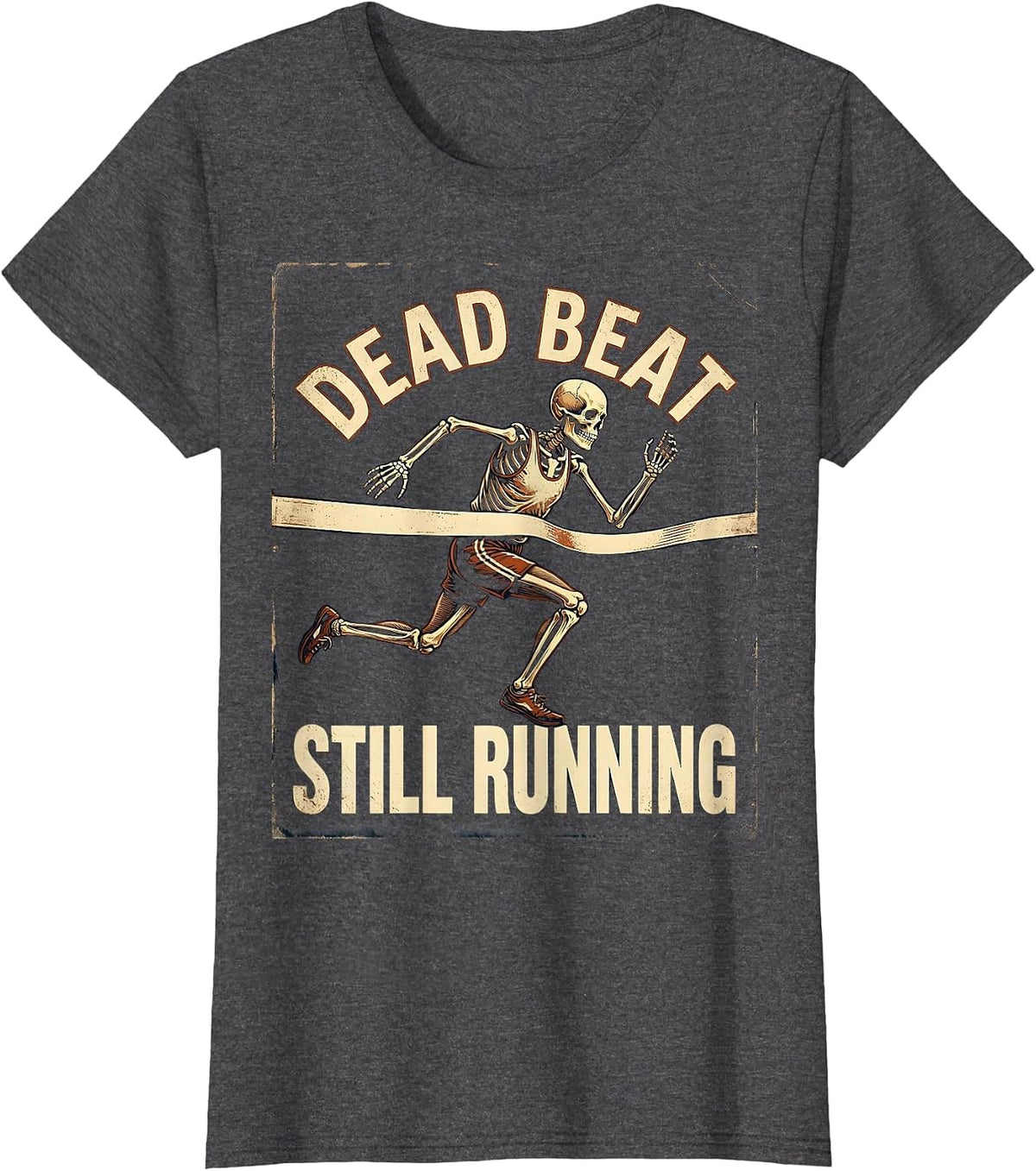 Women's Dead Beat Still Running Vintage Skeleton Halloween Runner T-Shirt - Dark Heather Grey