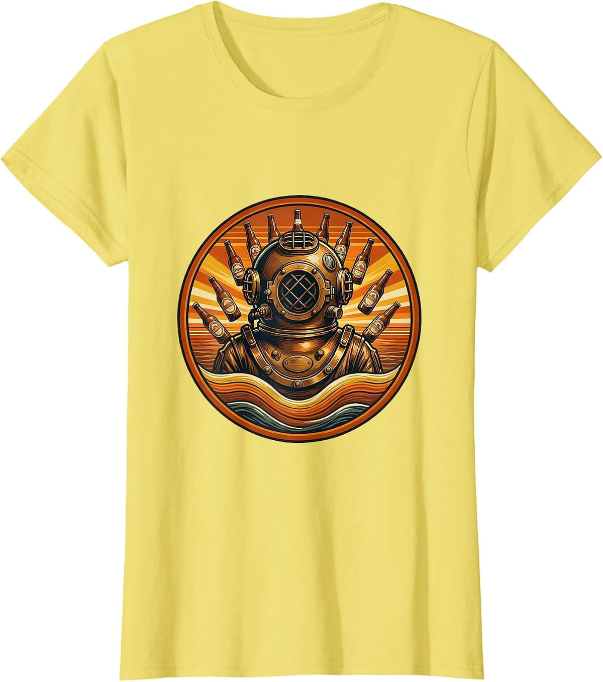 Deep Sea Diver Beer Bottles Illustration T-Shirt - Lemon Yellow