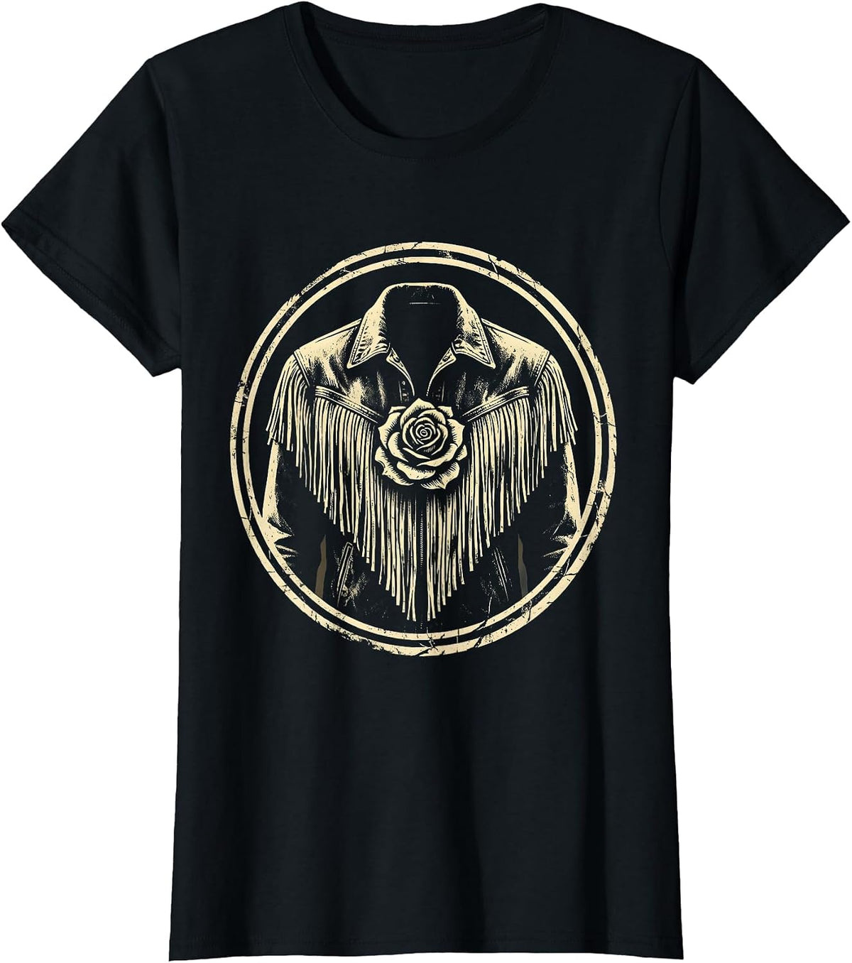 Women's Cowgirl Fringe Jacket Desert Rose Graphic T-Shirt - Black
