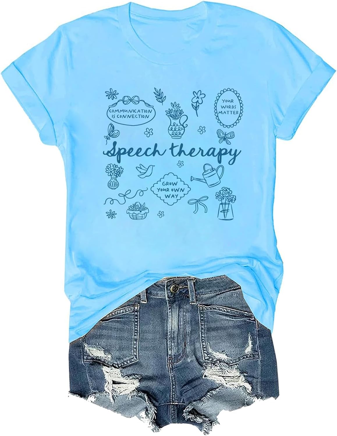 Speech Therapy Shirt Floral SLP Speech Language Pathologist T-Shirt Therapist - Sky Blue