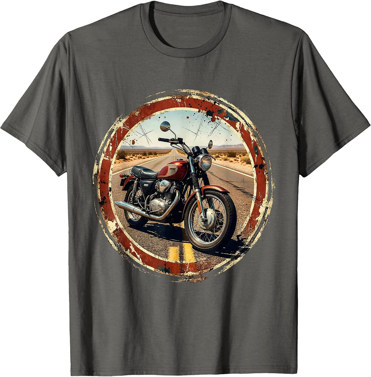 Freedom Red Vintage Motorcycle Highway Graphic T-Shirt - Asphalt Grey