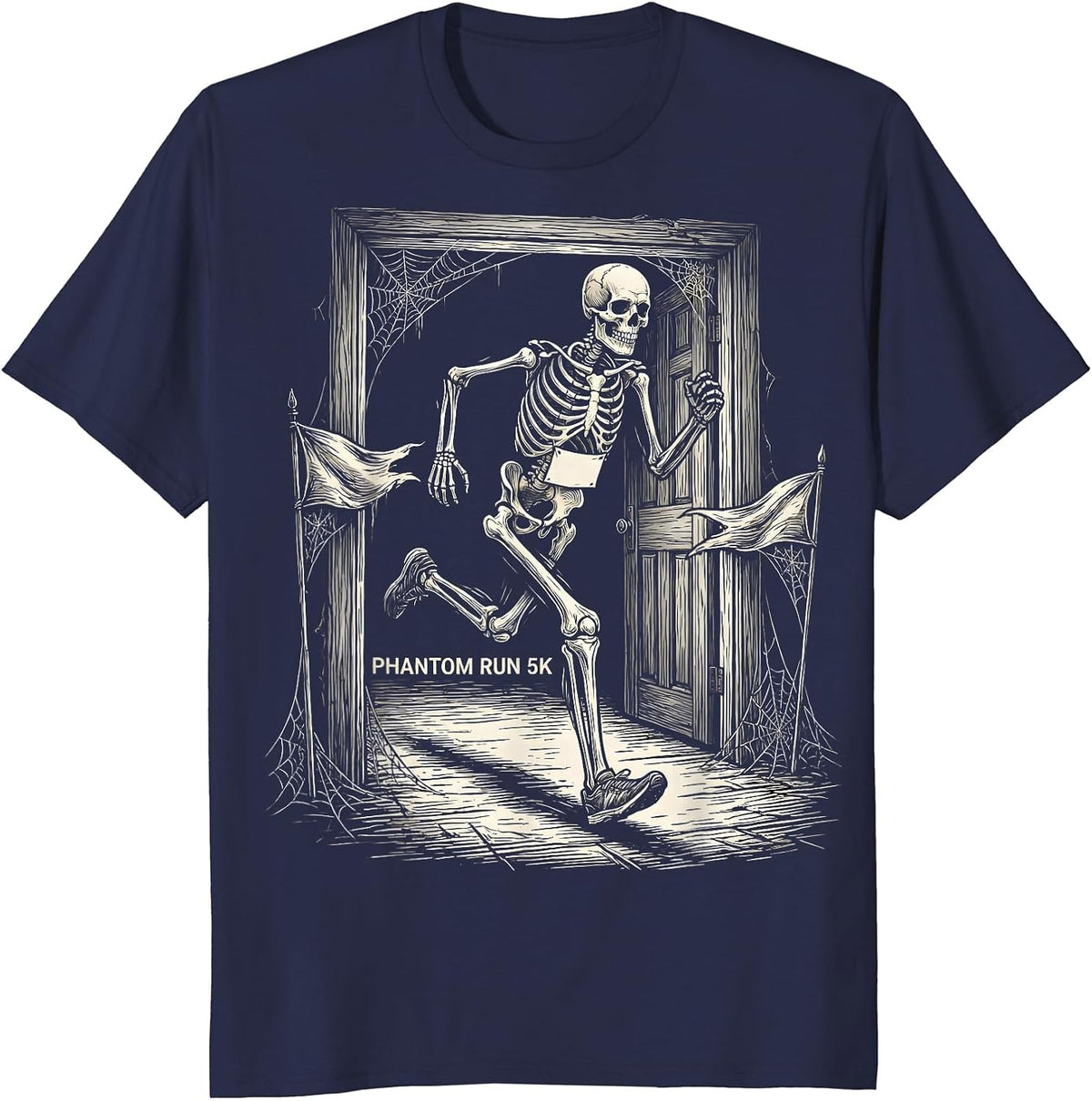 Phantom Run 5K Funny Skeleton Runner Halloween 5K Race T-Shirt - Navy Blue