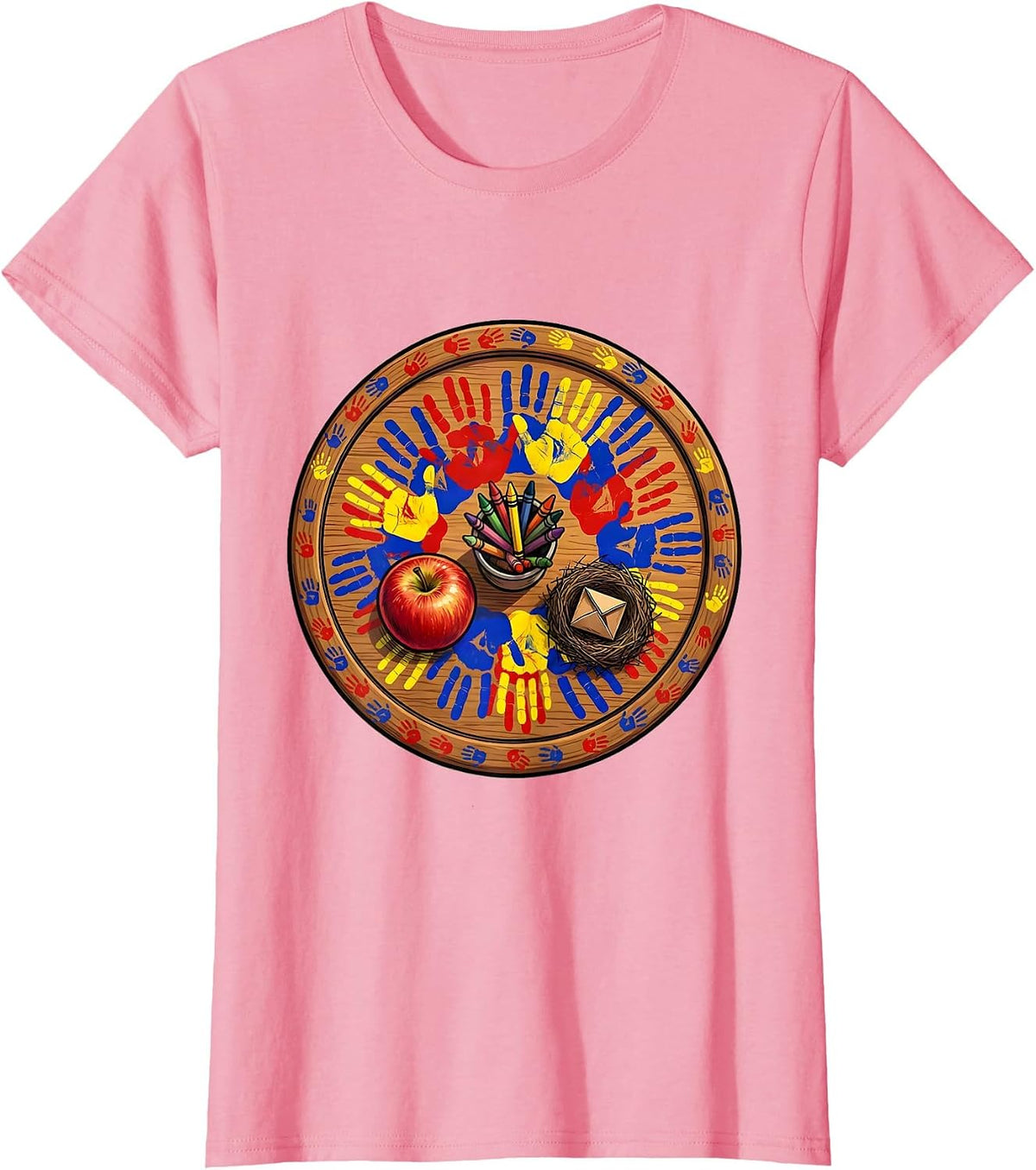 Women's 2nd Grade Teacher Handprint Art Desk Design T-Shirt - Pink