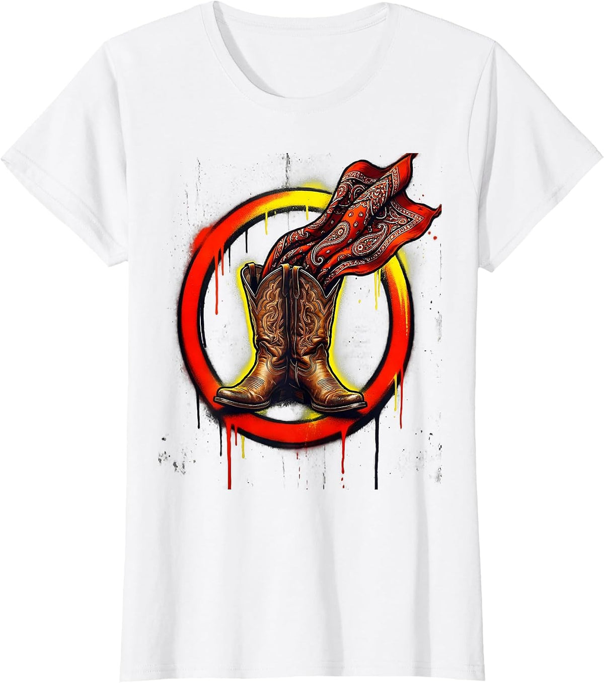 Cowboy Boots With Bandana Western Graphic Tee T-Shirt - White