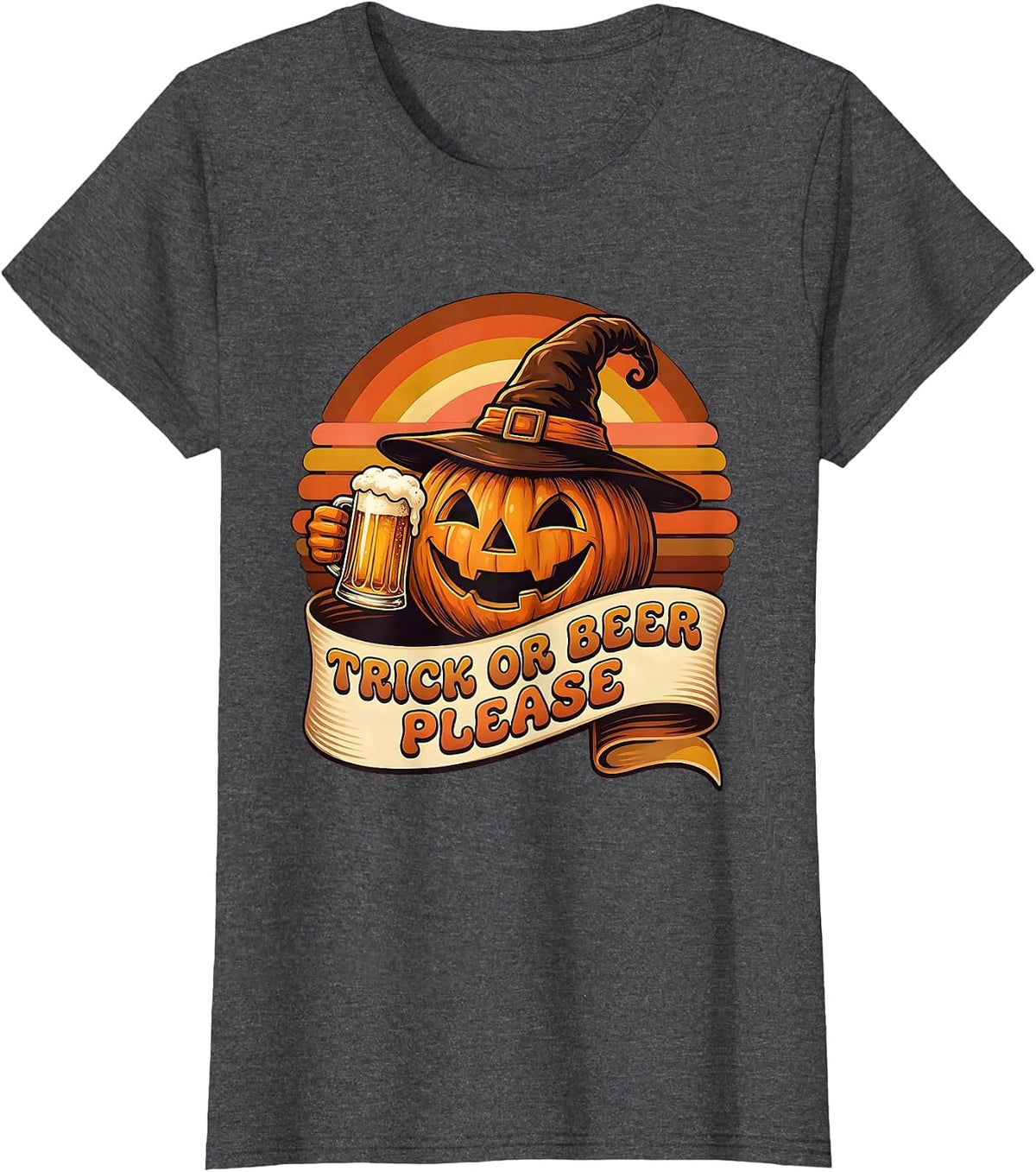 Women's Trick or Beer Please Halloween Funny Design T-Shirt - Dark Heather Grey