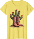 Women's Pink Cowgirl Boots and Cactus Western Graphic T-Shirt - Lemon Yellow