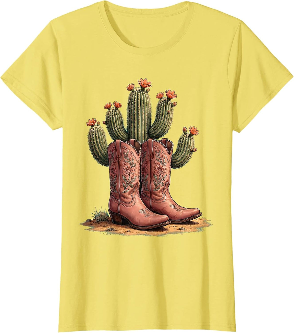 Women's Pink Cowgirl Boots and Cactus Western Graphic T-Shirt - Lemon Yellow