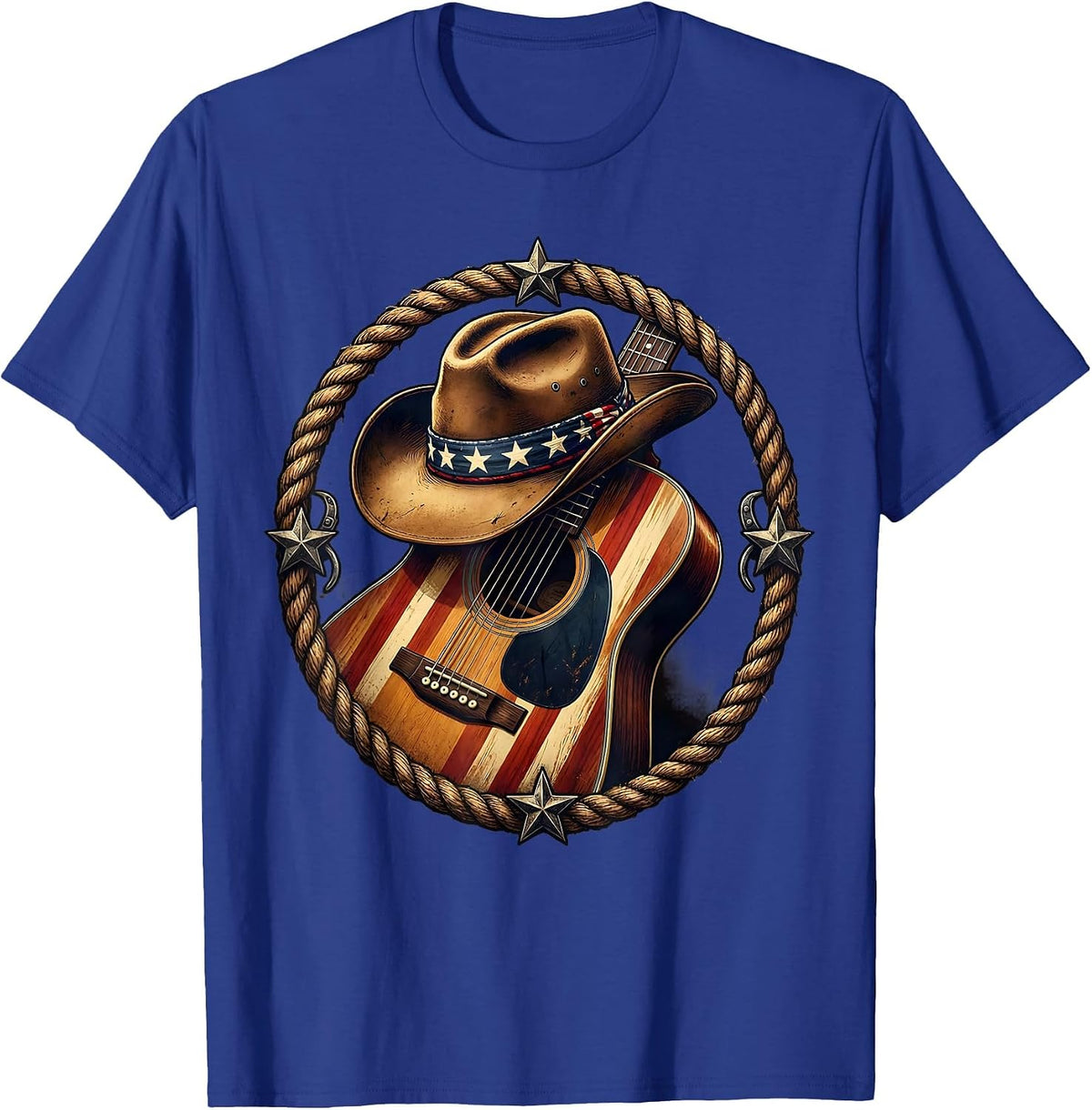 Men's Cowgirl Hat and Guitar Graphic Design T-Shirt - Royal Blue
