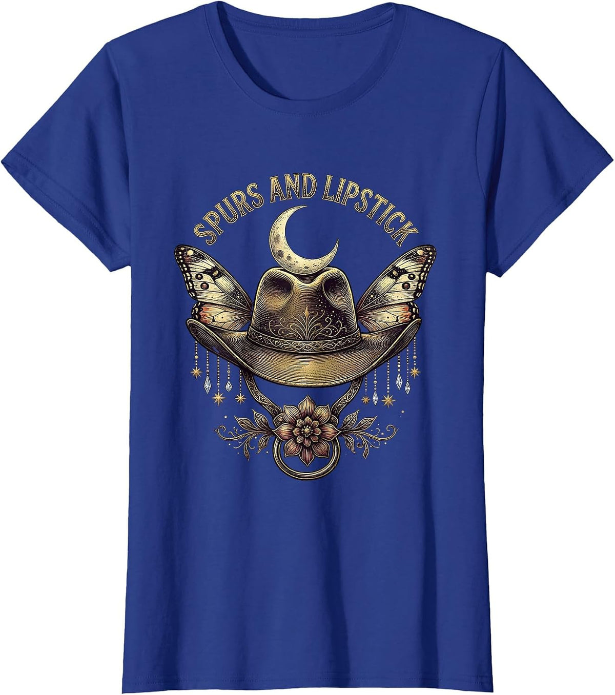 Women's Spurs and Lipstick Cowboy Western Design T-Shirt - Royal Blue