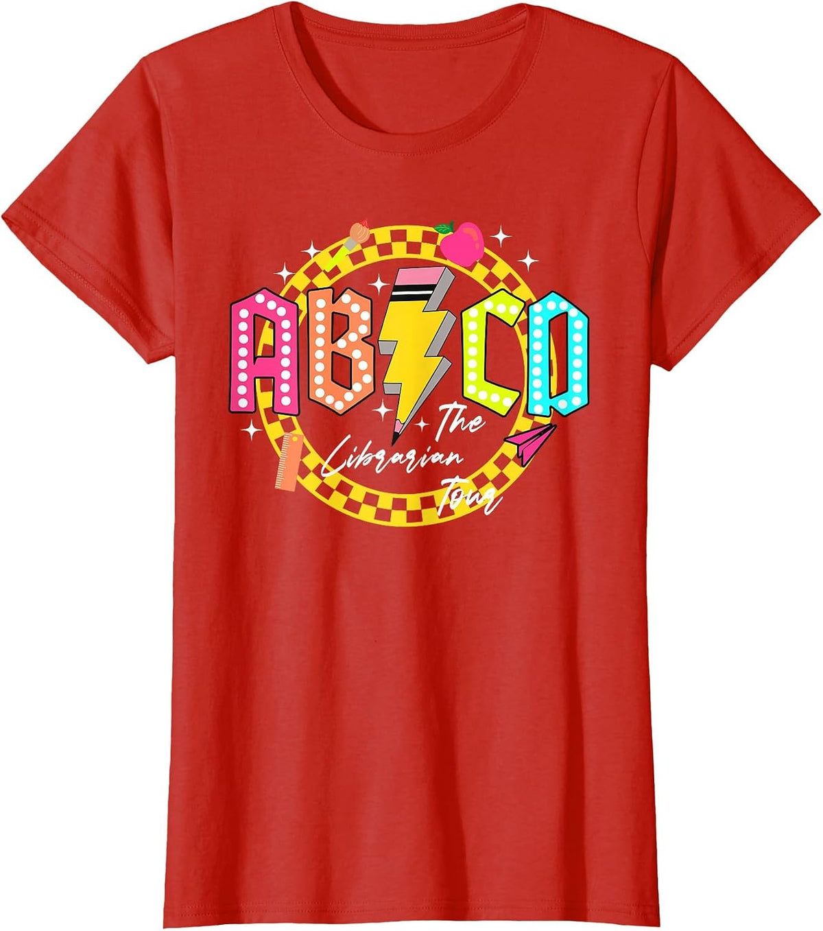 Funny Rock Librarian Tour Back to School ABCD Teacher Tour T-Shirt - Red