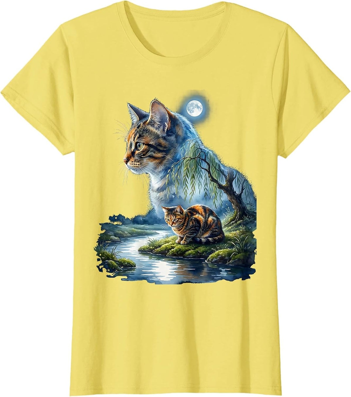 Tortoiseshell Cat Moonlit Portrait 90s Retro T-Shirt - Lemon Yellow