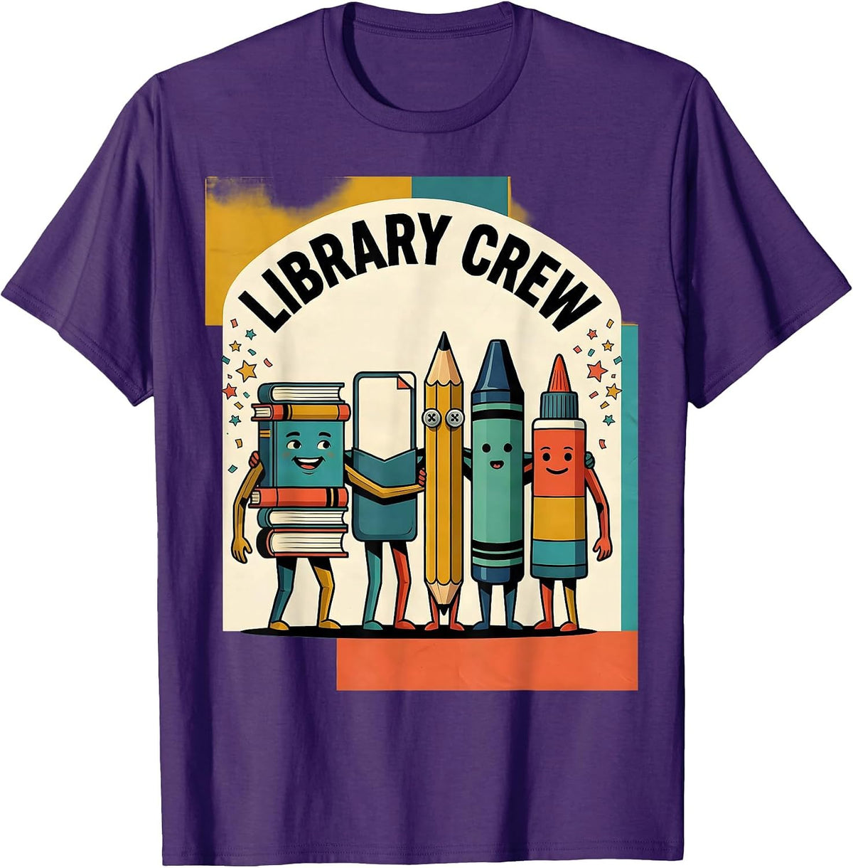 Library Crew Midcentury Modern Book Stack Teacher Student T-Shirt - Purple