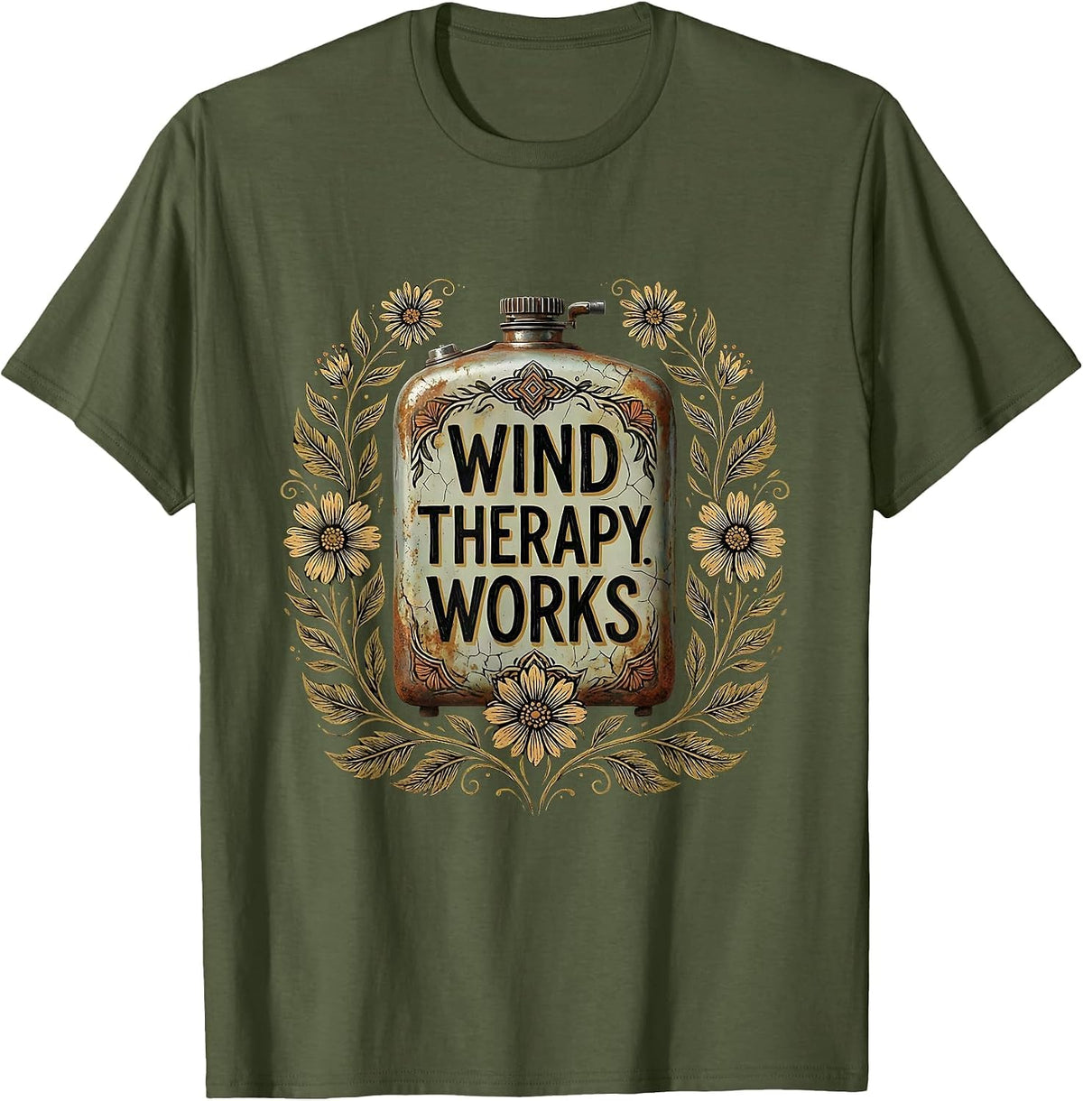 Wind Therapy Works Motorcycle Rider Design T-Shirt - Olive Green