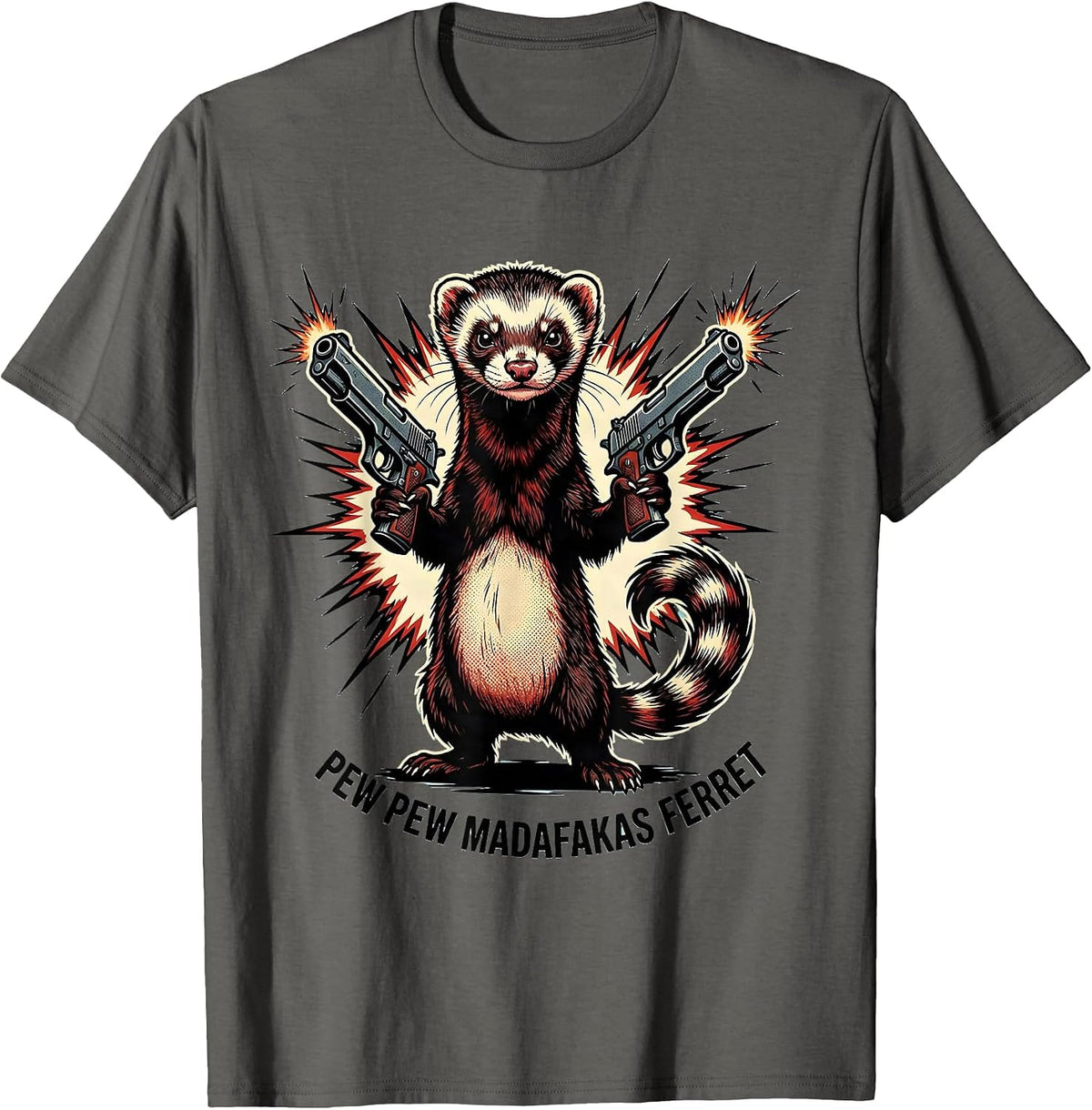 Pew Pew Madafakas Ferret Comic Book Gun Humor Pet Lover T-Shirt - Asphalt Grey