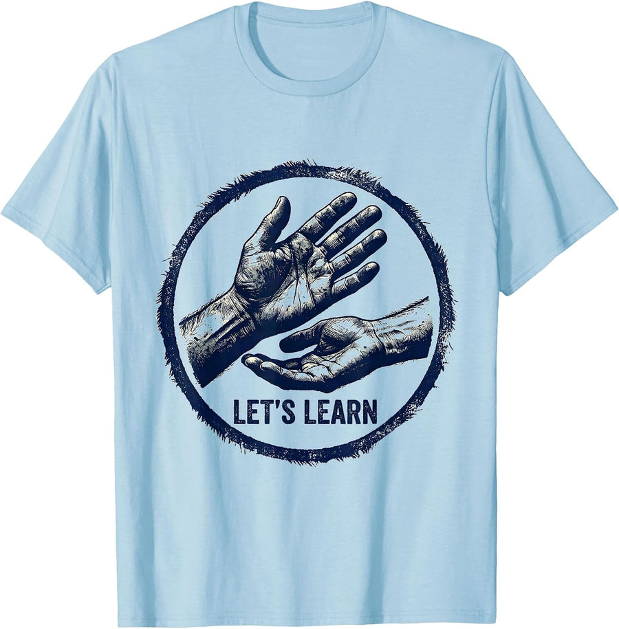 Men's Let's Learn Rubber Stamp ASL Sign Language Teacher Advocacy T-Shirt - Baby Blue
