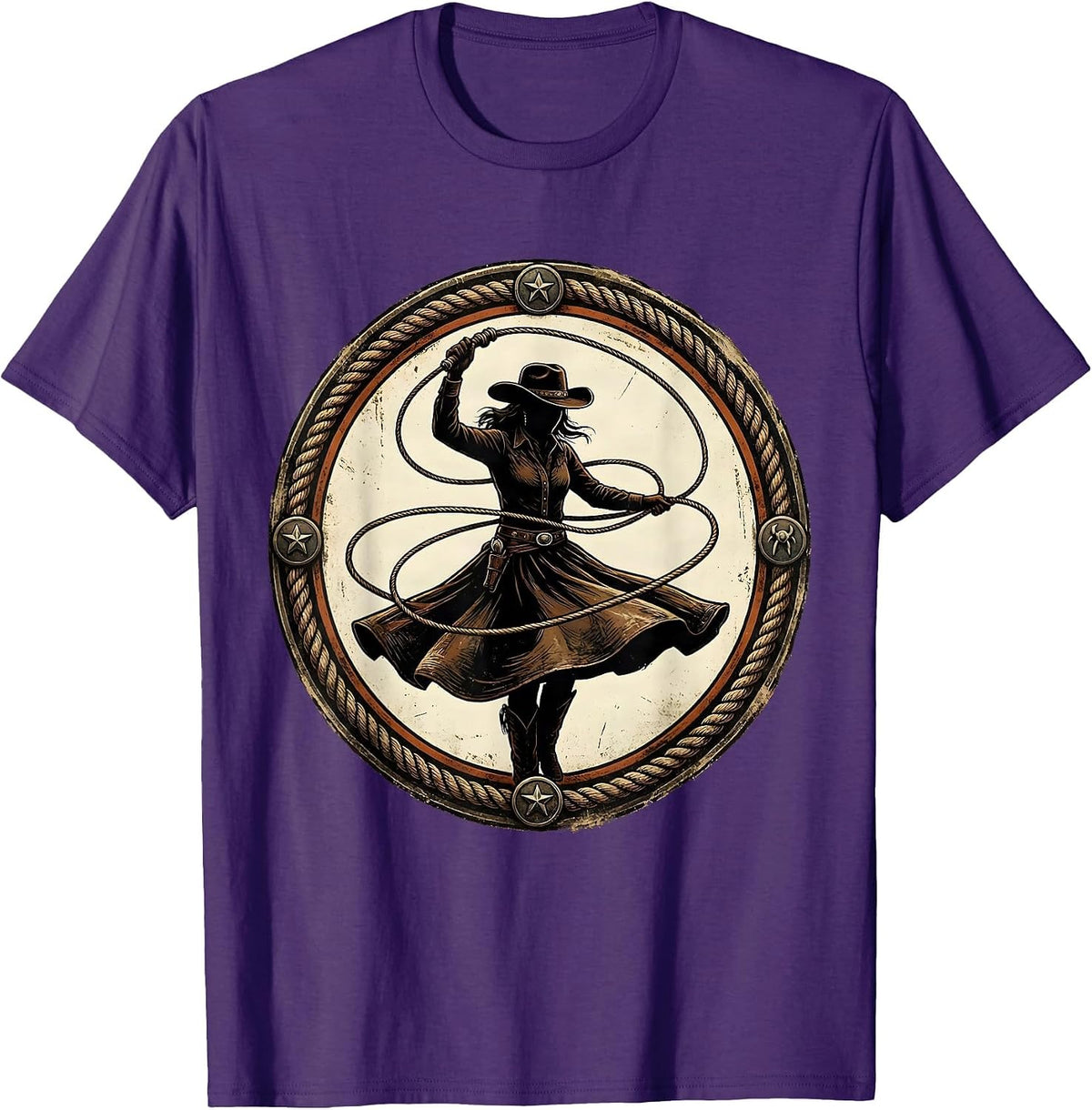 Cowboy Lasso Twirl Wide Brim Hat Western Graphic T-Shirt - Purple