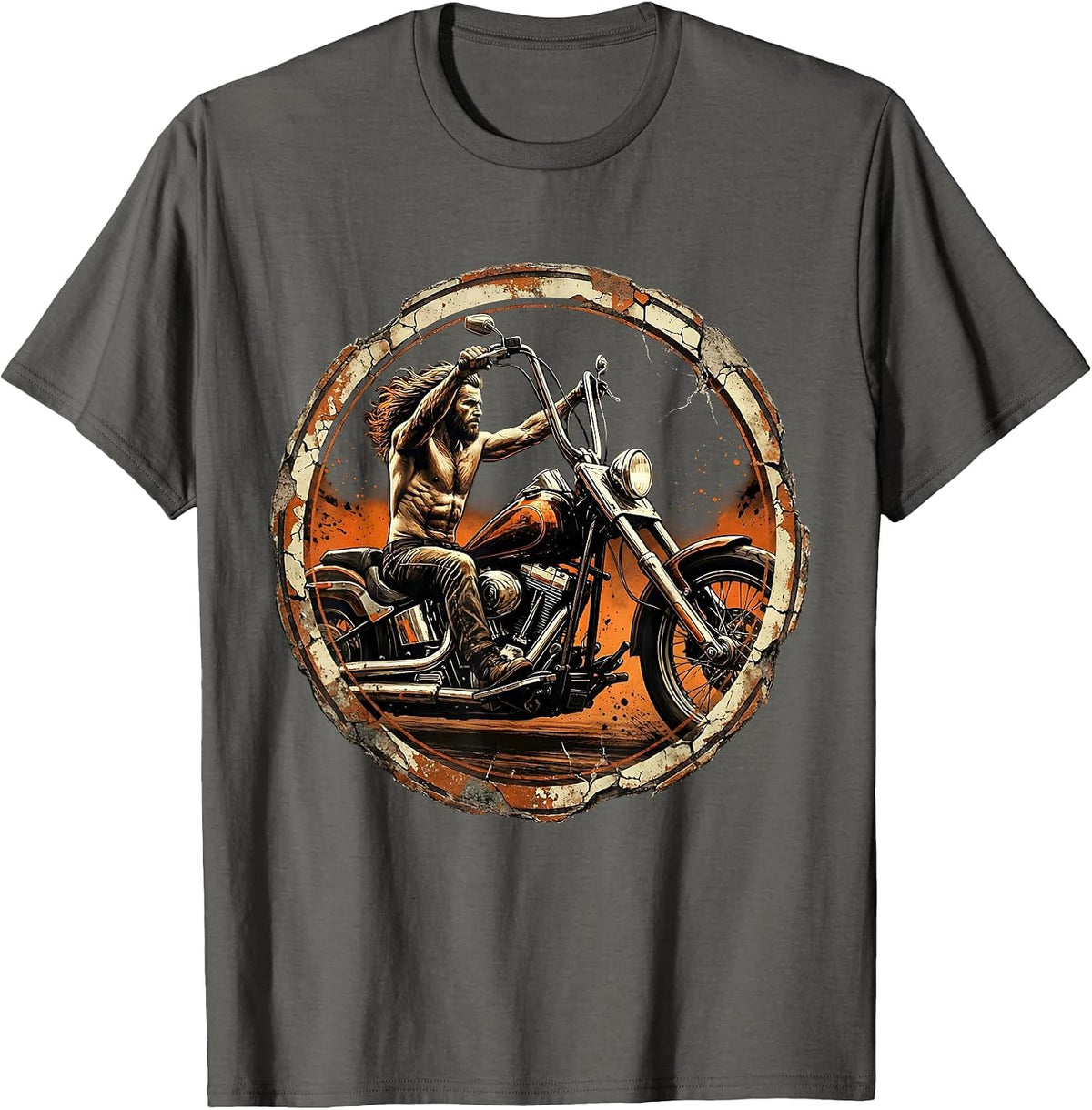 70s Shirtless Biker Chopper Motorcycle Illustration T-Shirt - Asphalt Grey
