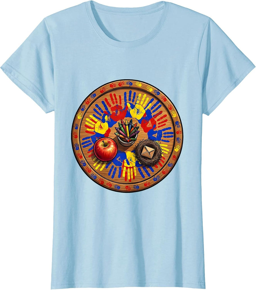 Women's 2nd Grade Teacher Handprint Art Desk Design T-Shirt - Baby Blue