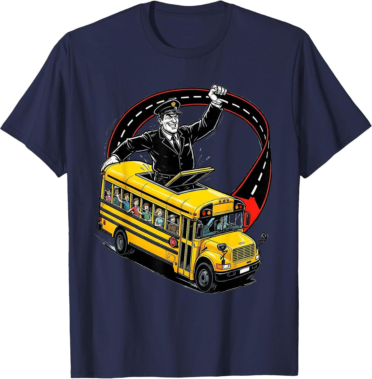 Oversized Cartoon Bus Driver Novelty School Bus Lover T-Shirt - Navy Blue