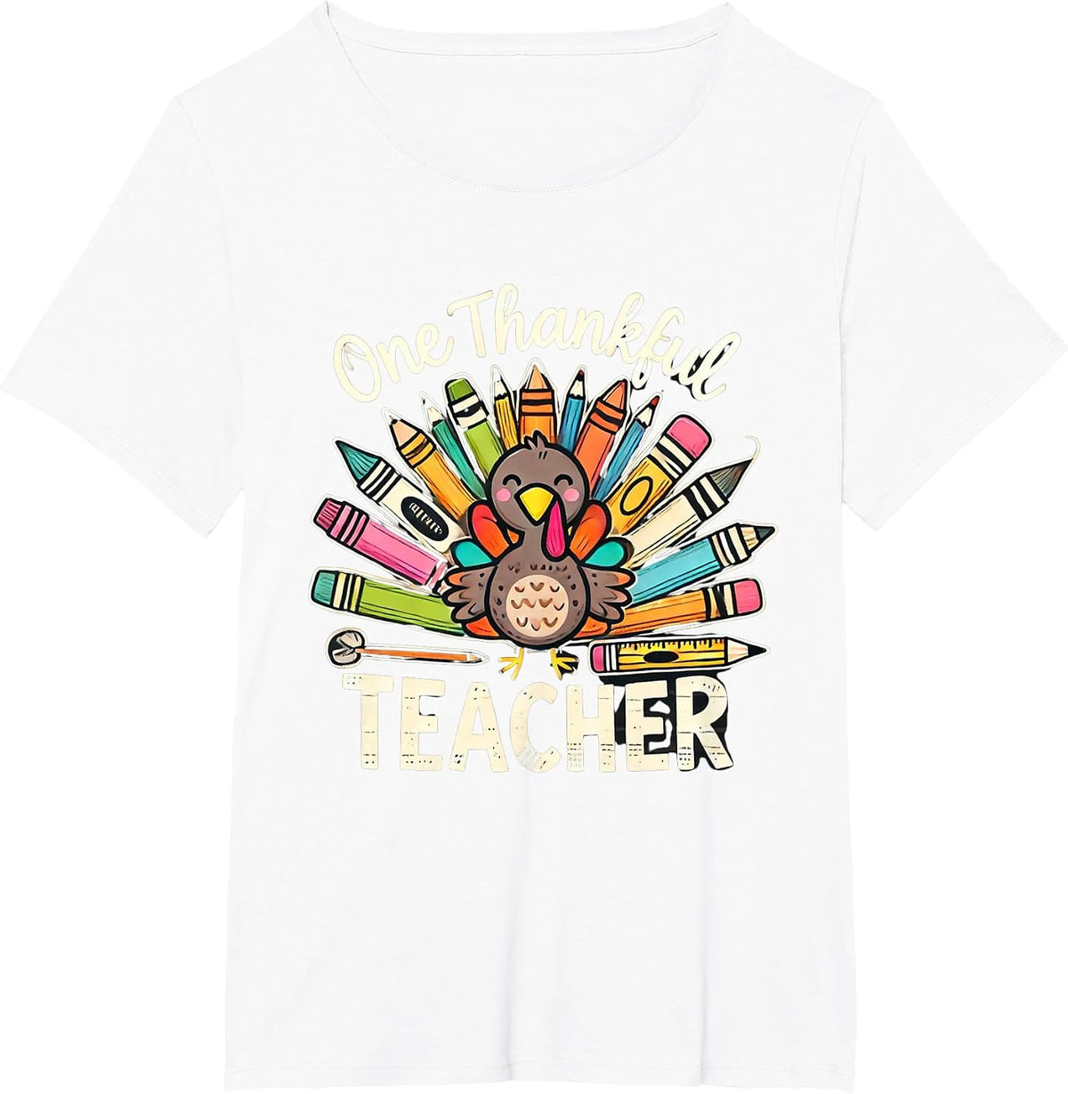 One Thankful Teacher Cute Thanksgiving Turkey School T-Shirt - White