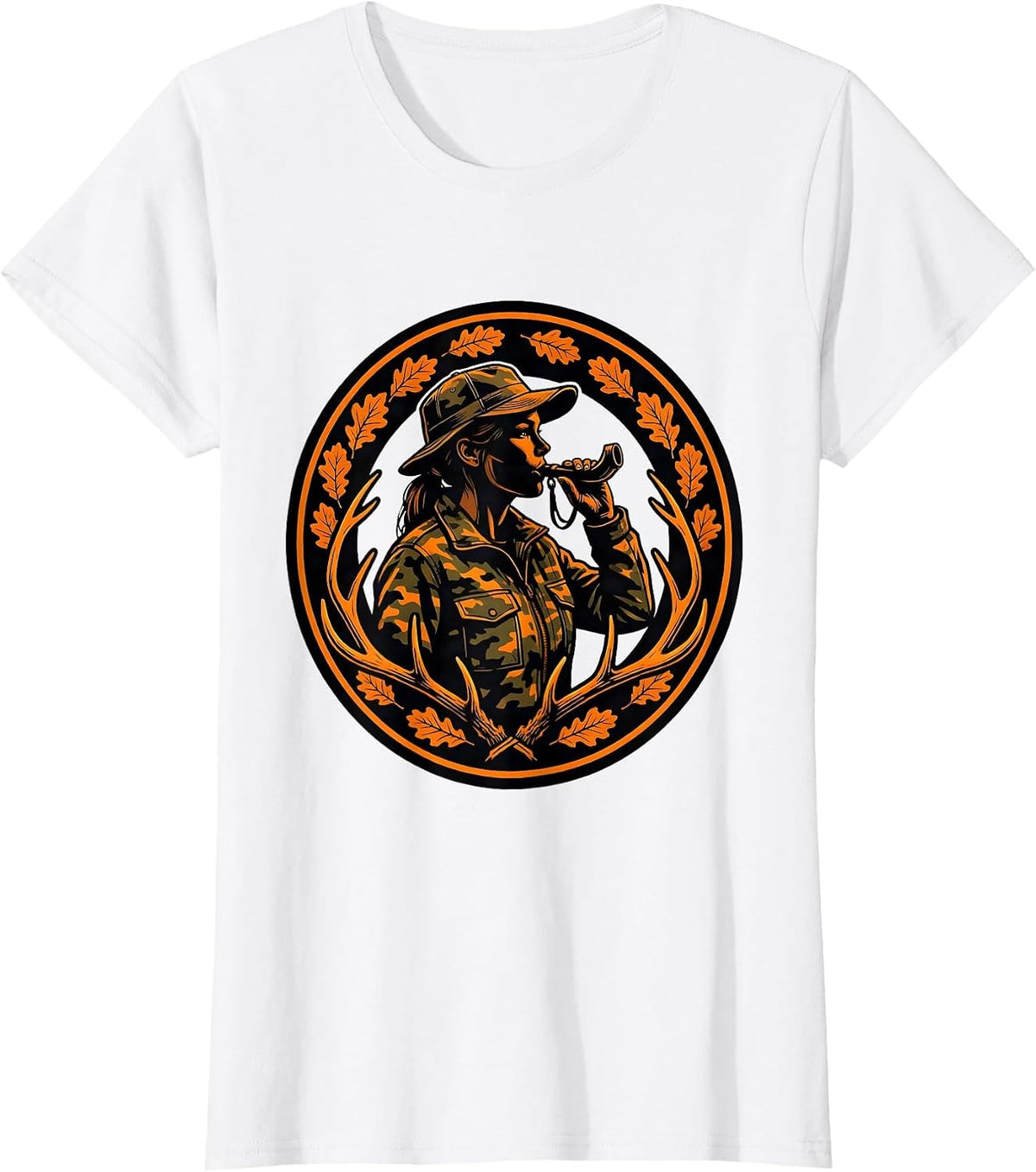 Camo Hunter Deer Call Graphic Design T-Shirt - White