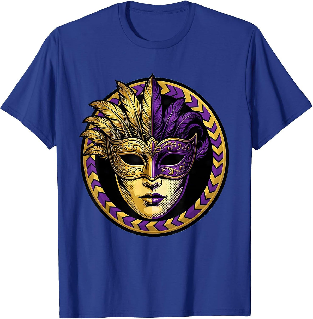 Ornate Mardi Gras Mask Gold and Purple Design T-Shirt - Royal Blue